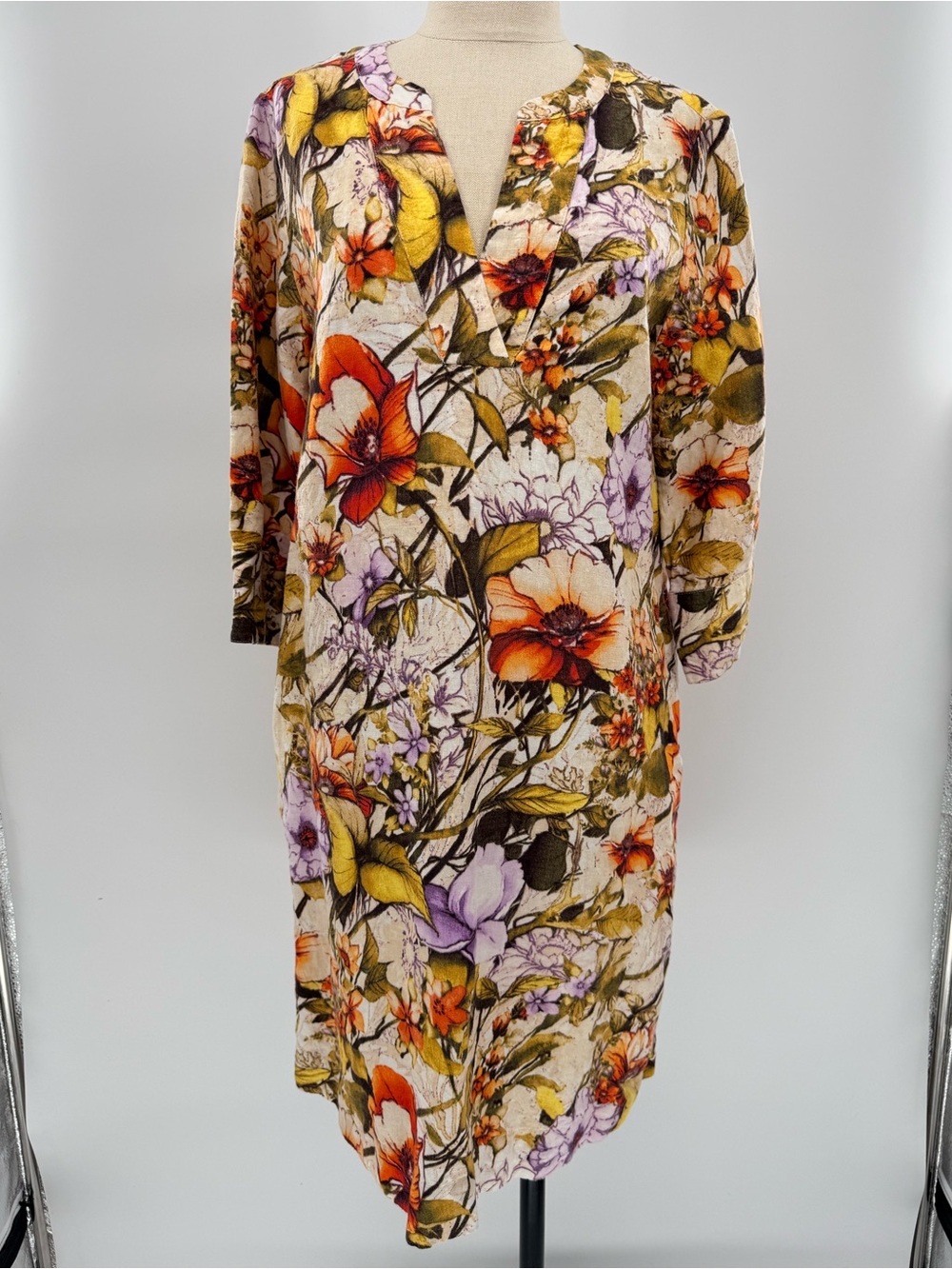 Chico’s 100% Linen Floral Shift Dress Size 1 US 8/10 Botanical Print Cottagecore - Picture 2 of 8